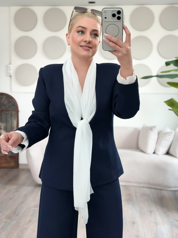 Fular Bağlamalı Blazer Pantolon Takım LACİVERT-23MeUST00153