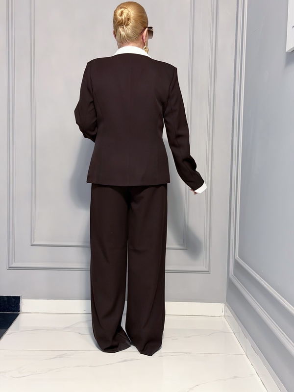 Fular Bağlamalı Blazer Pantolon Takım KAHVE-23MeUST00153