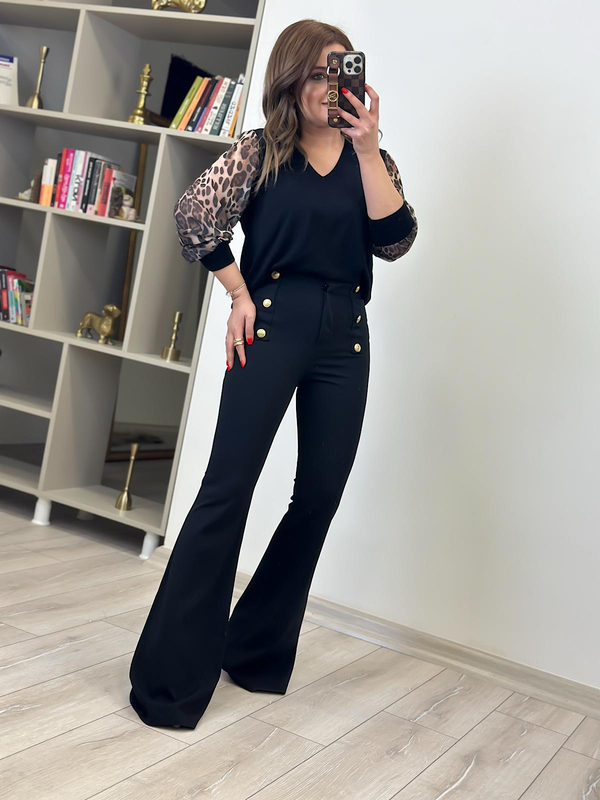 Full Likralı Krep Kumaş Metal Gold Düğmeli İspanyol Paça Pantolon SİYAH-23MeALT00084
