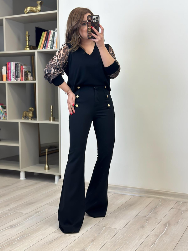 Full Likralı Krep Kumaş Metal Gold Düğmeli İspanyol Paça Pantolon SİYAH-23MeALT00084