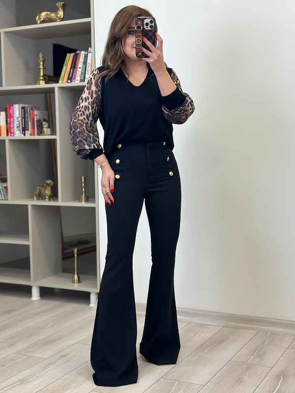 Full Likralı Krep Kumaş Metal Gold Düğmeli İspanyol Paça Pantolon SİYAH-23MeALT00084