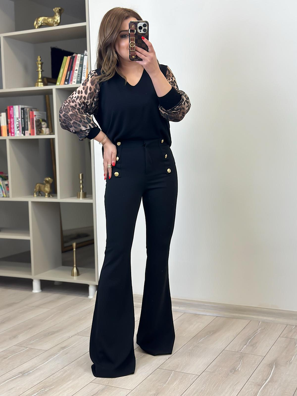 Full Likralı Krep Kumaş Metal Gold Düğmeli İspanyol Paça Pantolon SİYAH-23MeALT00084