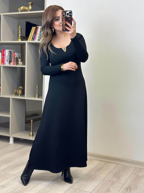 Gold Detaylı Modal Elbise SİYAH-23KELB000017