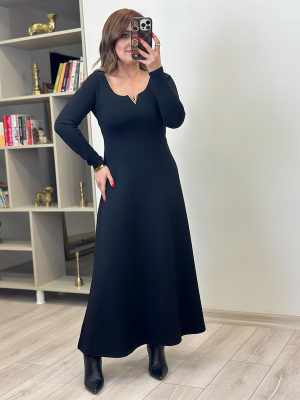 Gold Detaylı Modal Elbise SİYAH-23KELB000017