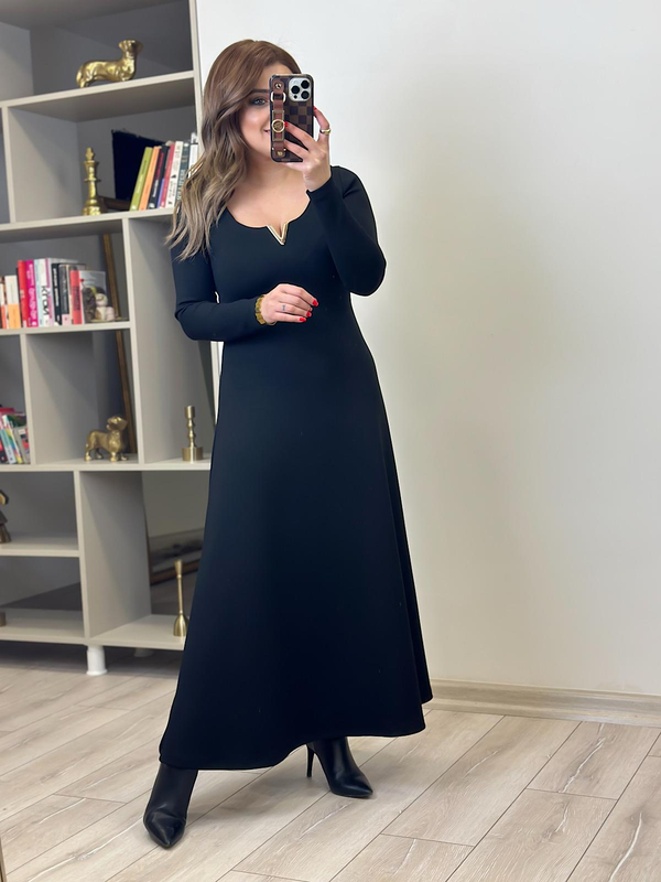 Gold Detaylı Modal Elbise SİYAH-23KELB000017