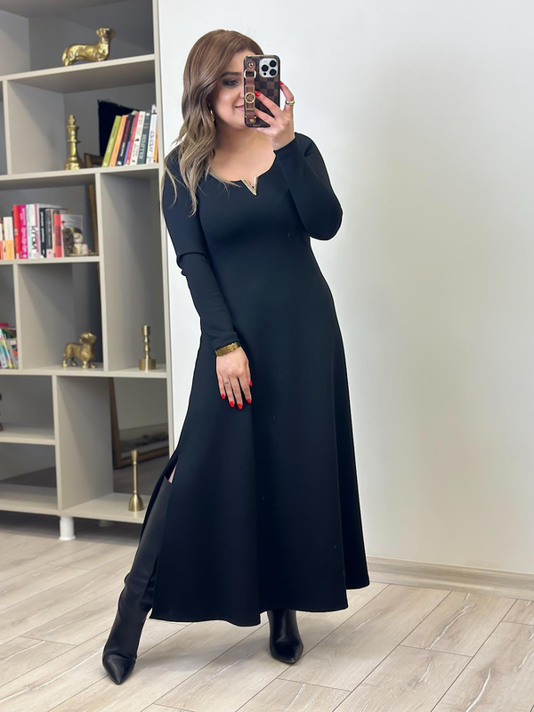 Gold Detaylı Modal Elbise SİYAH-23KELB000017