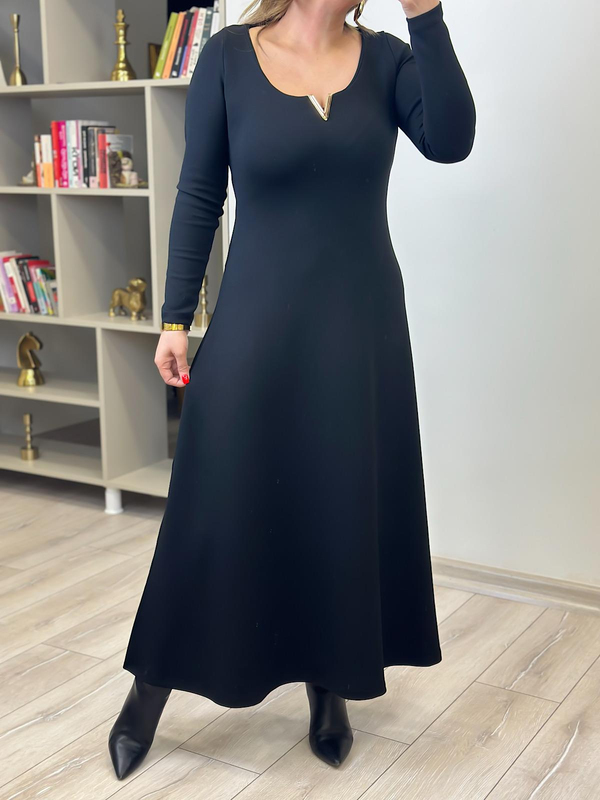 Gold Detaylı Modal Elbise SİYAH-23KELB000017