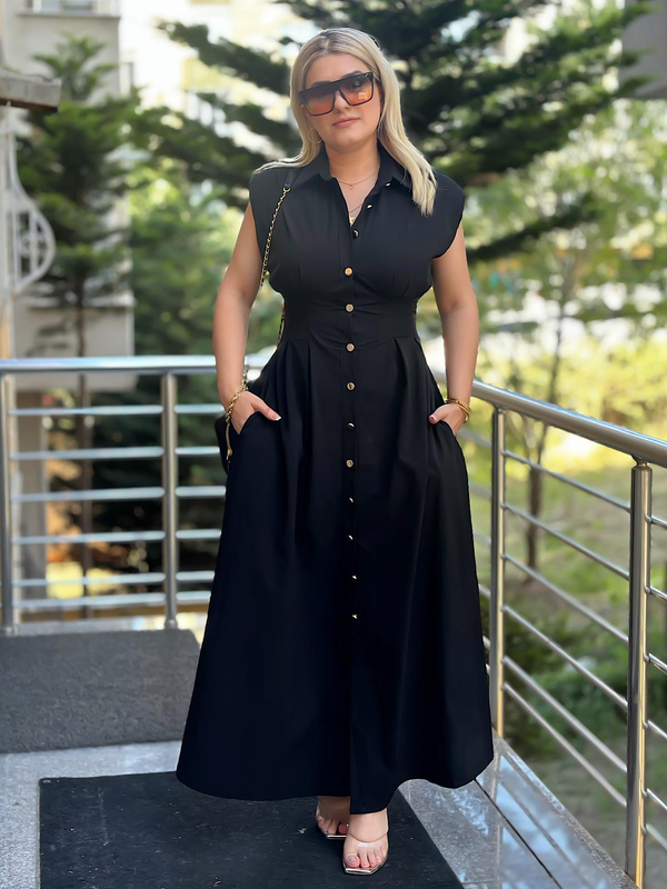 Gold Düğmeli Paraşüt Elbise SİYAH-23YELB000097