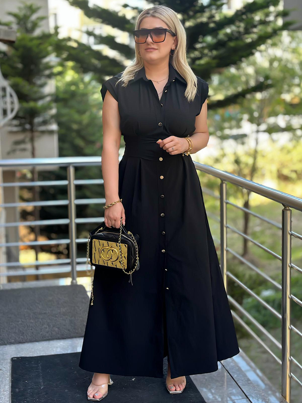 Gold Düğmeli Paraşüt Elbise SİYAH-23YELB000097