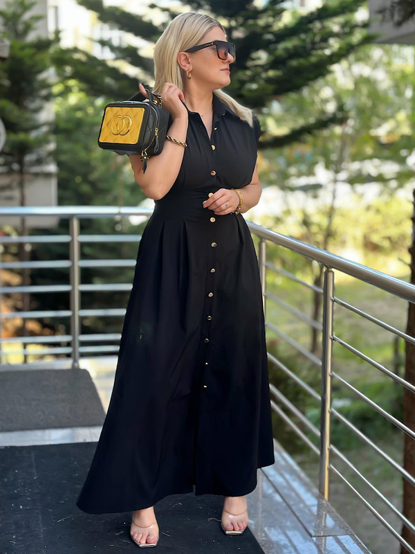 Gold Düğmeli Paraşüt Elbise SİYAH-23YELB000097