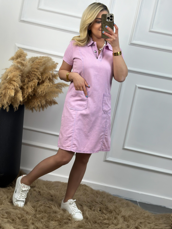 Gömlek Yaka Cepli Gabardin Elbise PUDRA PEMBE-23YELB000022