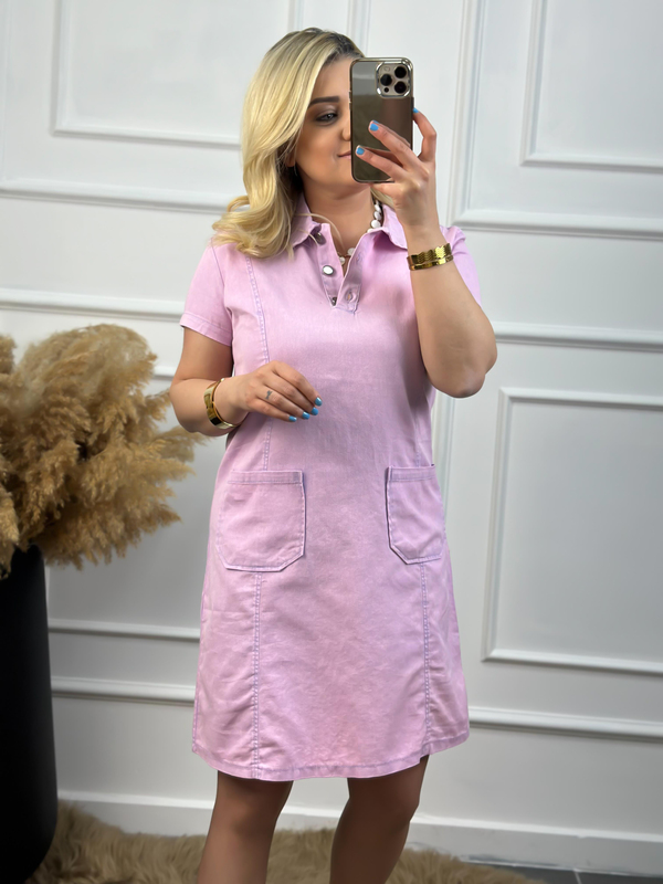 Gömlek Yaka Cepli Gabardin Elbise PUDRA PEMBE-23YELB000022