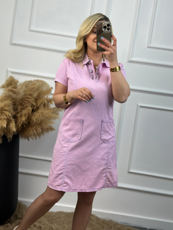 Gömlek Yaka Cepli Gabardin Elbise PUDRA PEMBE-23YELB000022
