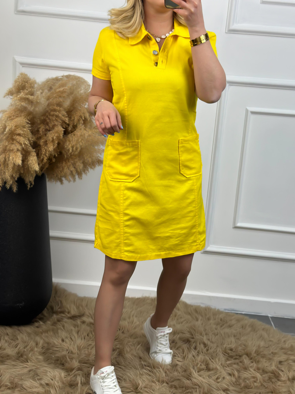 Gömlek Yaka Cepli Gabardin Elbise Sarı-23YELB000022