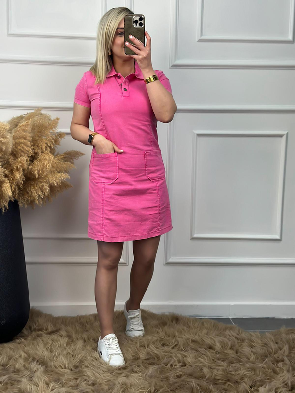 Gömlek Yaka Cepli Gabardin Elbise TAŞLANMIŞ PEMBE-23YELB000022