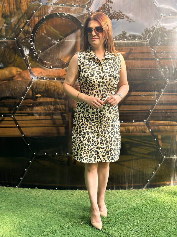 Gömlek Yaka Gold Düğme Detaylı Leopar Elbise SİYAH-23YELB000135