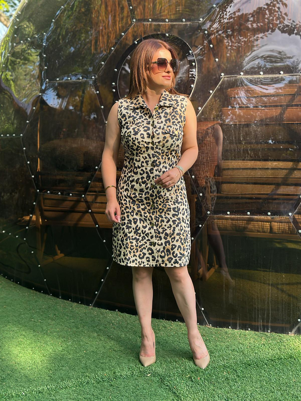 Gömlek Yaka Gold Düğme Detaylı Leopar Elbise SİYAH-23YELB000135