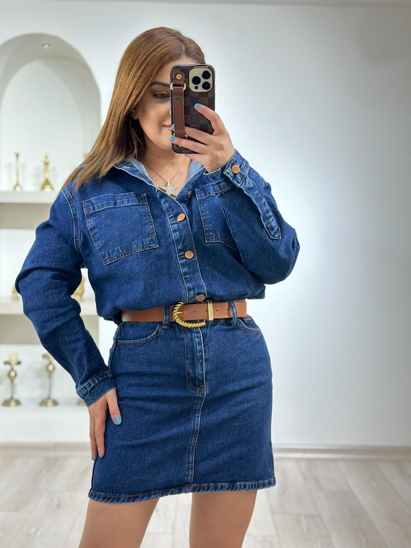 Gömlek Yaka Kemerli Jean Elbise KOYU MAVİ-23YELB000128