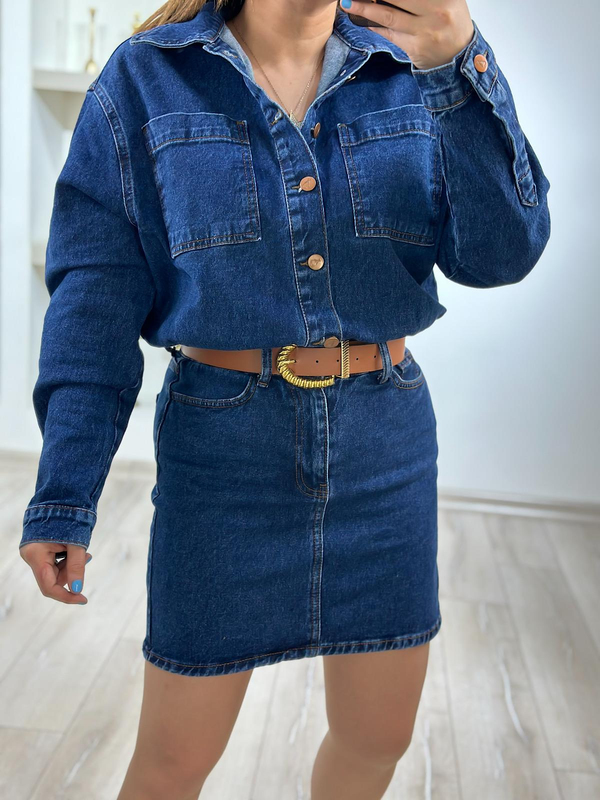 Gömlek Yaka Kemerli Jean Elbise KOYU MAVİ-23YELB000128