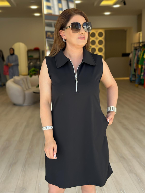 Gömlek Yaka Önü Fermuarlı Sandy Elbise SİYAH-23YELB000146