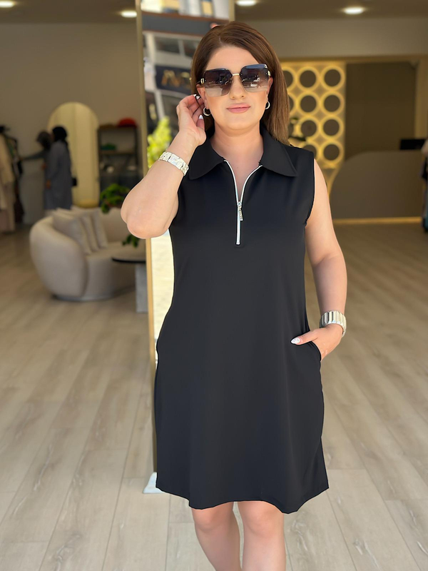 Gömlek Yaka Önü Fermuarlı Sandy Elbise SİYAH-23YELB000146