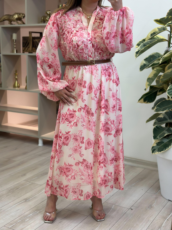 Gül Desenli Biye Detaylı Şifon Elbise PEMBE-23YELB000148