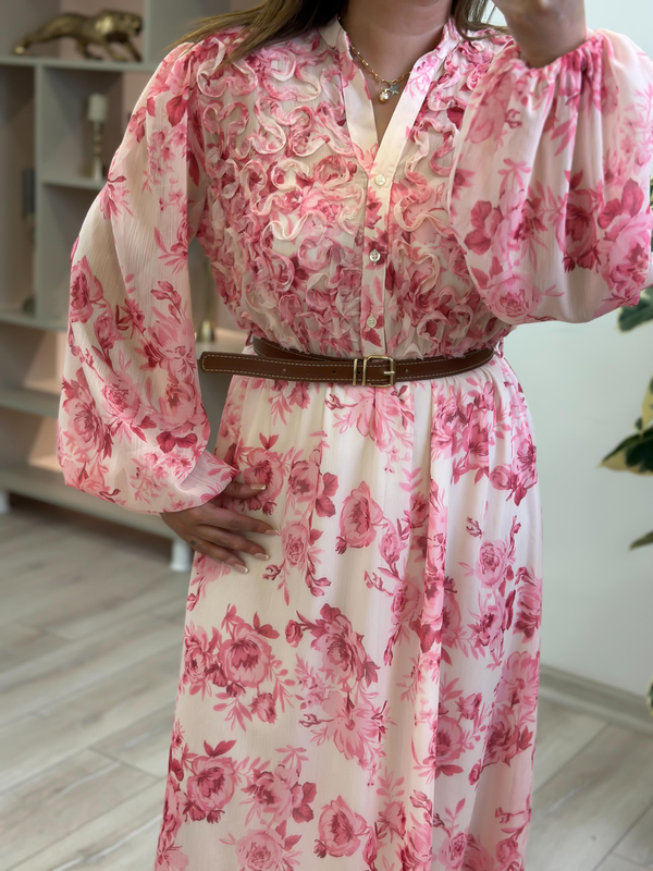 Gül Desenli Biye Detaylı Şifon Elbise PEMBE-23YELB000148