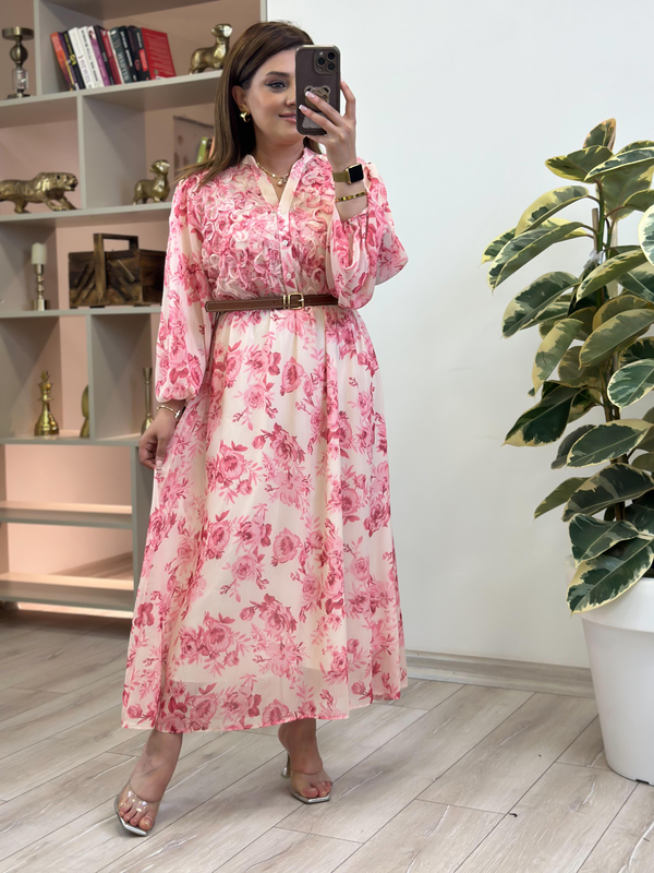 Gül Desenli Biye Detaylı Şifon Elbise PEMBE-23YELB000148