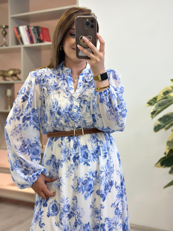 Gül Desenli Biye Detaylı Şifon Elbise MAVİ-23YELB000148