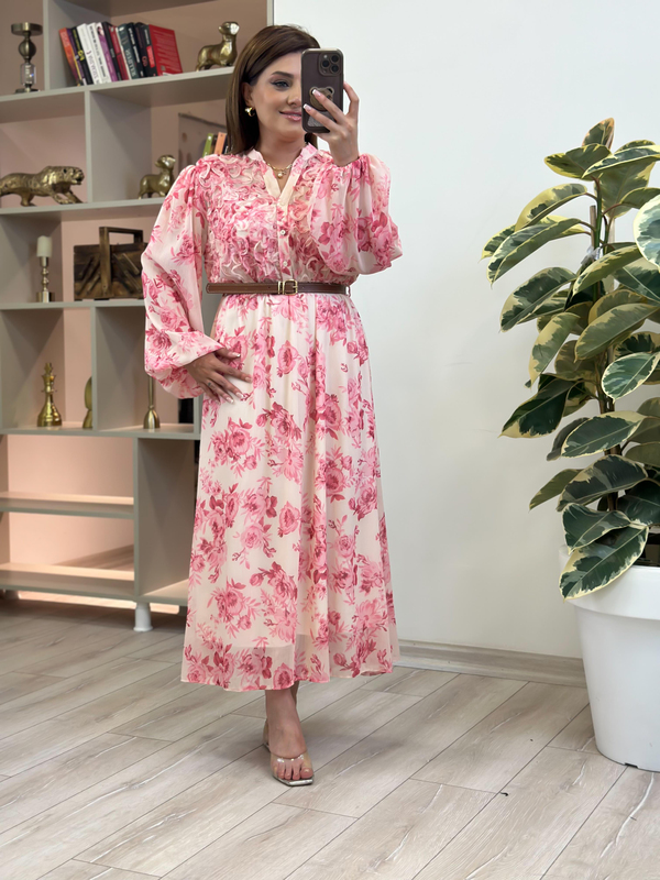 Gül Desenli Biye Detaylı Şifon Elbise PEMBE-23YELB000148