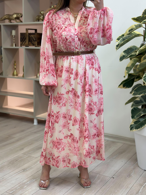 Gül Desenli Biye Detaylı Şifon Elbise PEMBE-23YELB000148