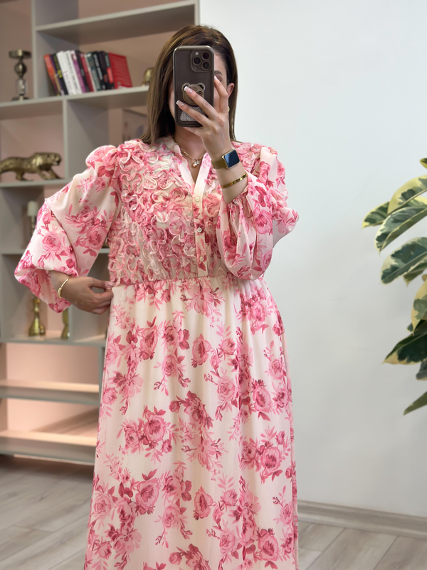 Gül Desenli Biye Detaylı Şifon Elbise PEMBE-23YELB000148