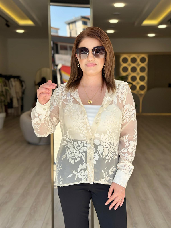 Gül Desenli Tül Gömlek EKRU-23YUST000267