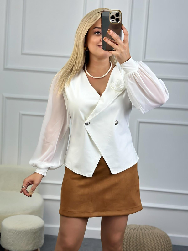 Gül Detaylı Kolları Şifon Bluz BEYAZ-23MeUST00088