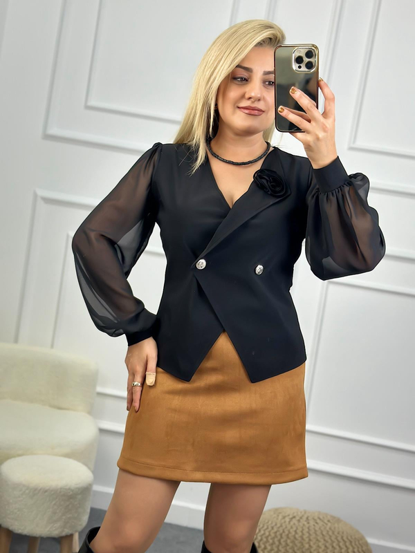 Gül Detaylı Kolları Şifon Bluz SİYAH-23MeUST00088