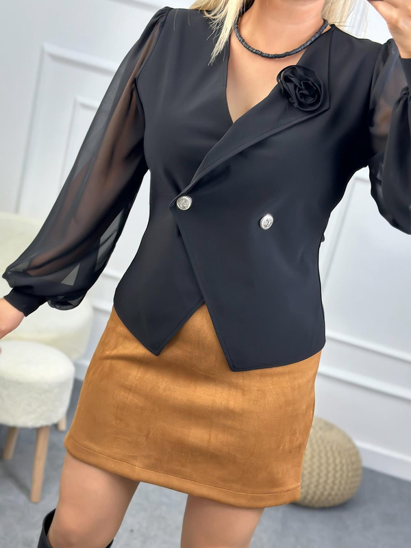 Gül Detaylı Kolları Şifon Bluz SİYAH-23MeUST00088