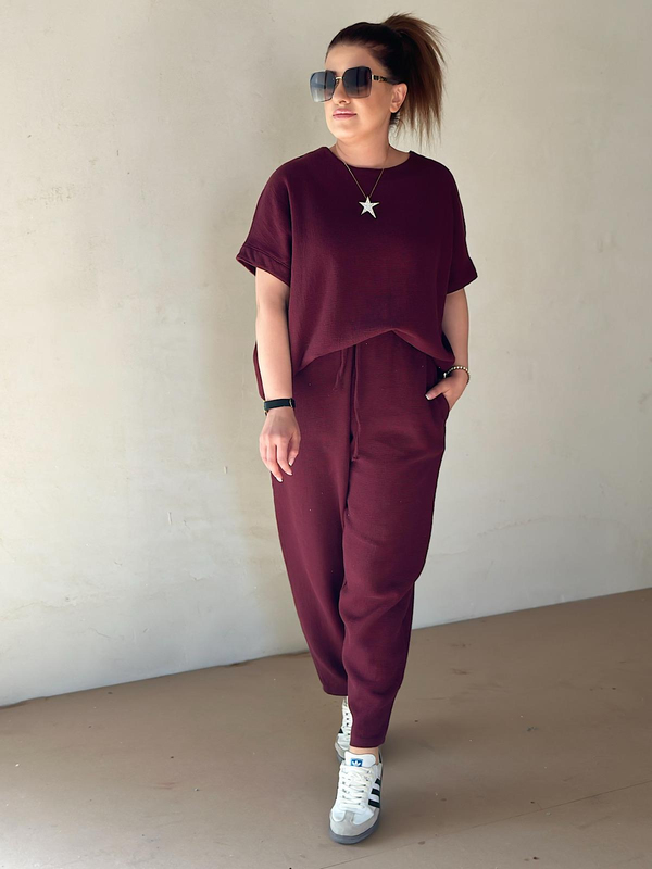 Ham Keten Bluz Pantolon Takım BORDO-23YUST000102