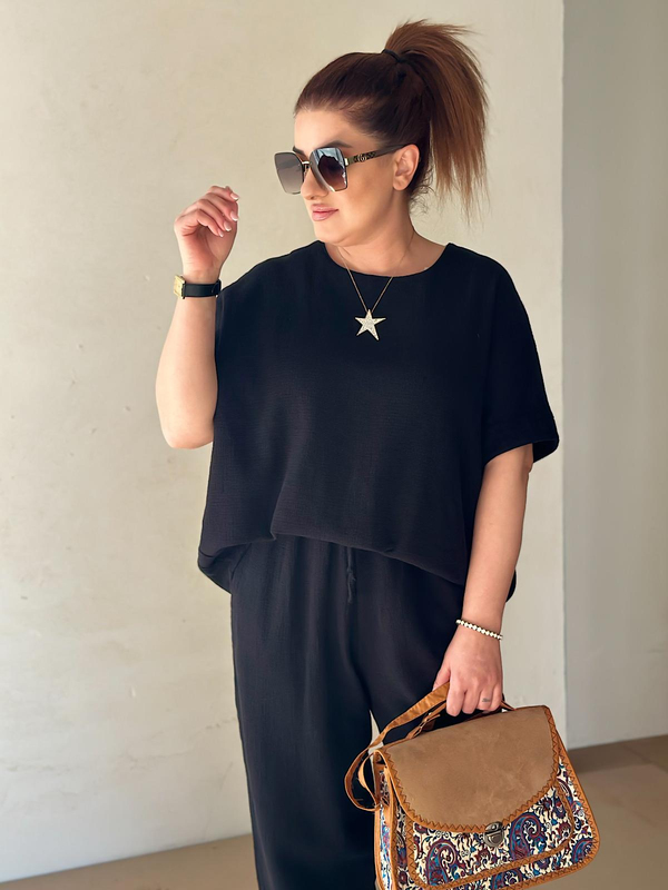 Ham Keten Bluz Pantolon Takım SİYAH-23YUST000102