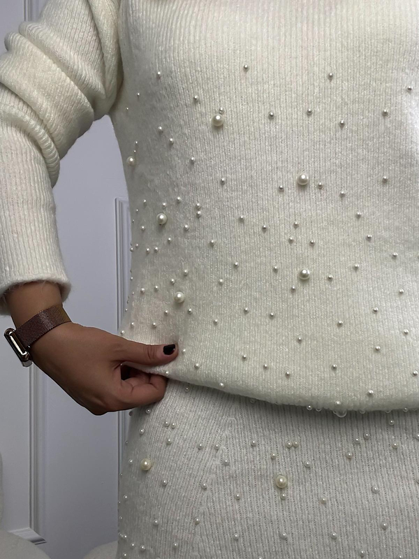 İnci Detaylı Etek Kazak Premium Takım BEJ-23KDIS000019