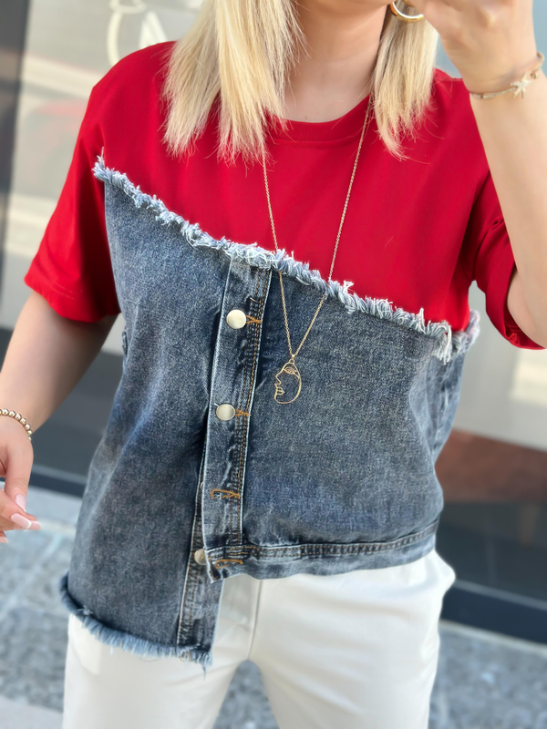 Jean Detaylı Düğmeli Tshirt KIRMIZI-23YUST000043