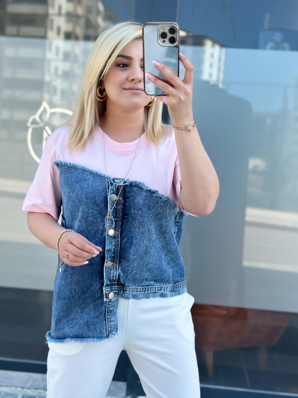Jean Detaylı Düğmeli Tshirt PUDRA PEMBE-23YUST000043