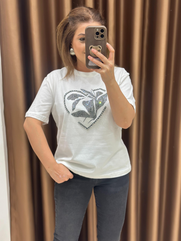 Kalp Taş Desenli Tshirt BEYAZ-23YUST000266