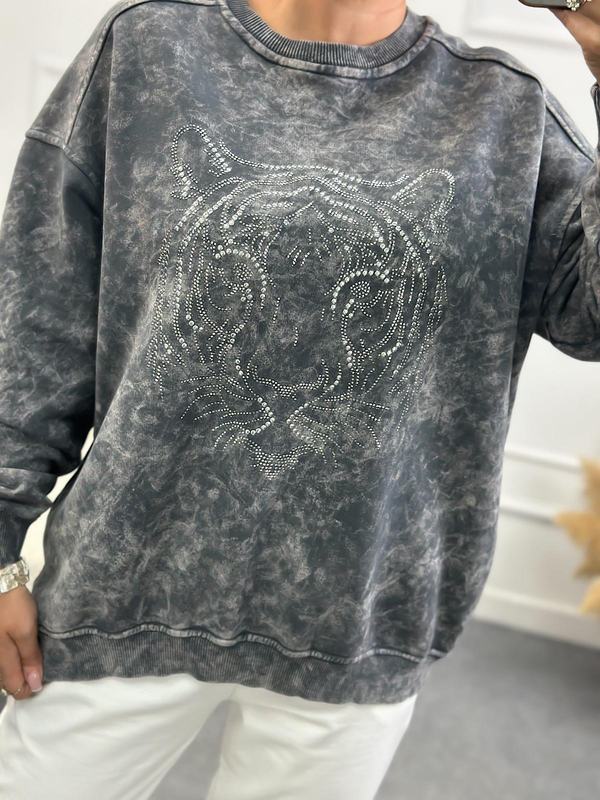 Kaplan Desen Taş İşleme Bisiklet Yaka Yıkama Kumaş Oversize Sweatshirt ANTRASİT-23YUST000139