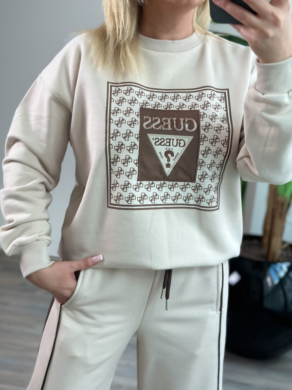 Kare Desenli Baskılı Sweatshirt BEJ-23KUST000142