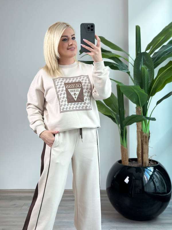 Kare Desenli Baskılı Sweatshirt BEJ-23KUST000142