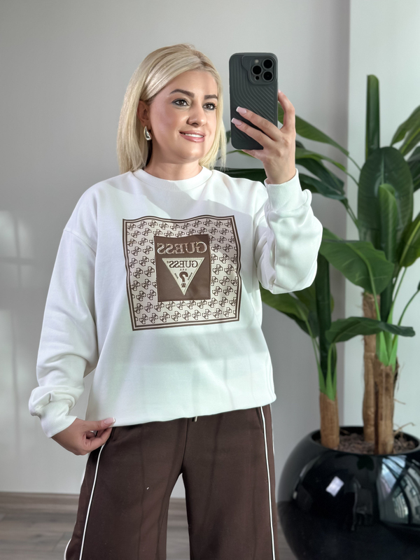 Kare Desenli Baskılı Sweatshirt BEYAZ-23KUST000142