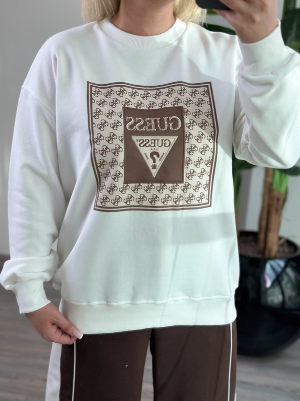 Kare Desenli Baskılı Sweatshirt BEYAZ-23KUST000142