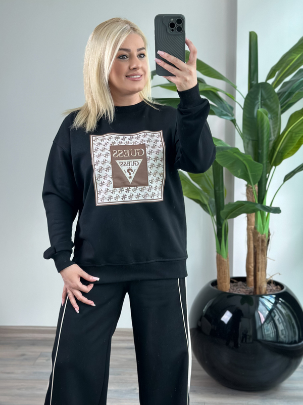 Kare Desenli Baskılı Sweatshirt SİYAH-23KUST000142