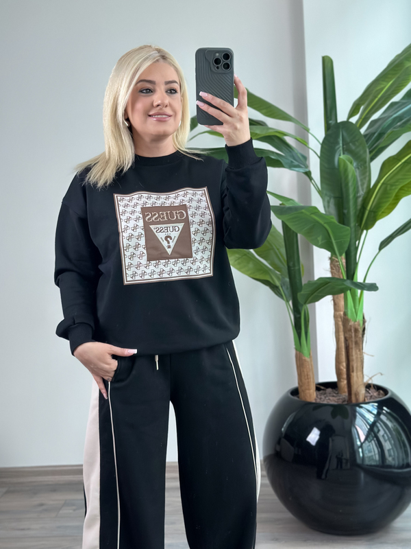 Kare Desenli Baskılı Sweatshirt SİYAH-23KUST000142
