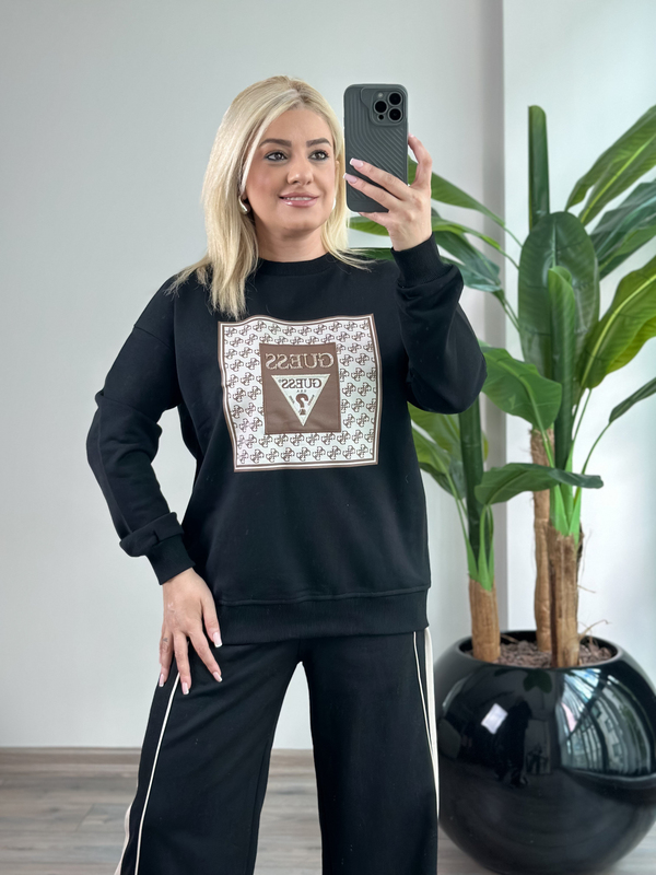 Kare Desenli Baskılı Sweatshirt SİYAH-23KUST000142